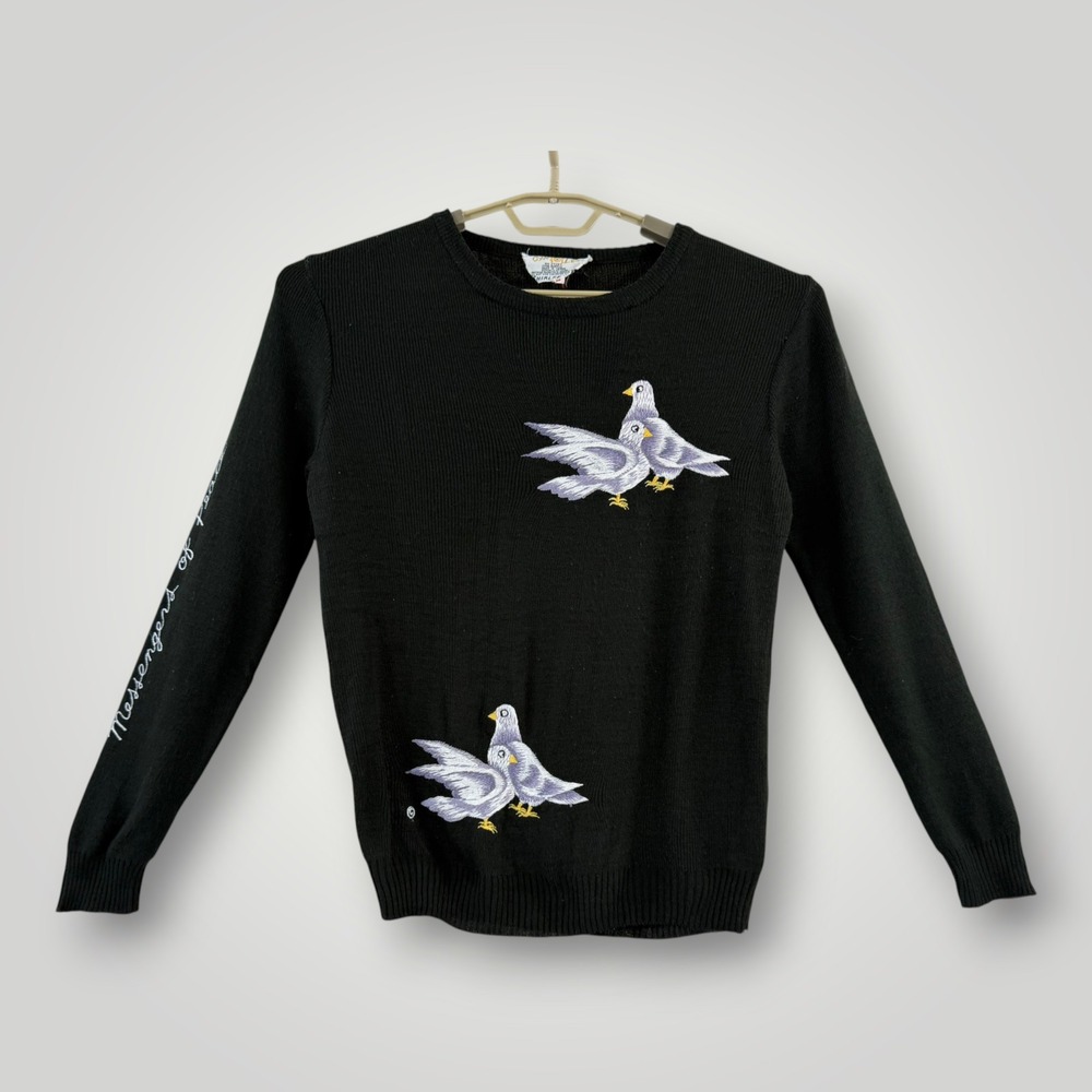Vintage 70s Cyn Les Shirlee Designs Black Dove Peace Embroidered Sweater Medium